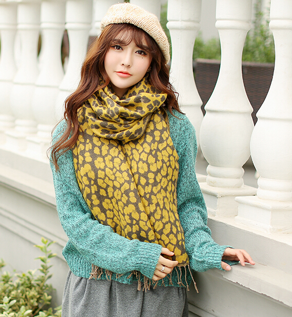 Fringed Leopard Print Scarves Wrap Women Winter Warm Acrylic Panties 195*60CM - Yellow