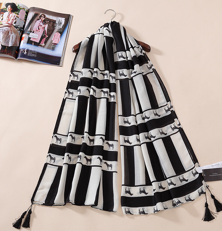 Fringed Zebra Print Scarf Scarves For Women Winter Warm Cotton Panties 180*110CM - Black