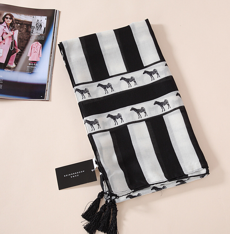 Fringed Zebra Print Scarf Scarves For Women Winter Warm Cotton Panties 180*110CM - Black