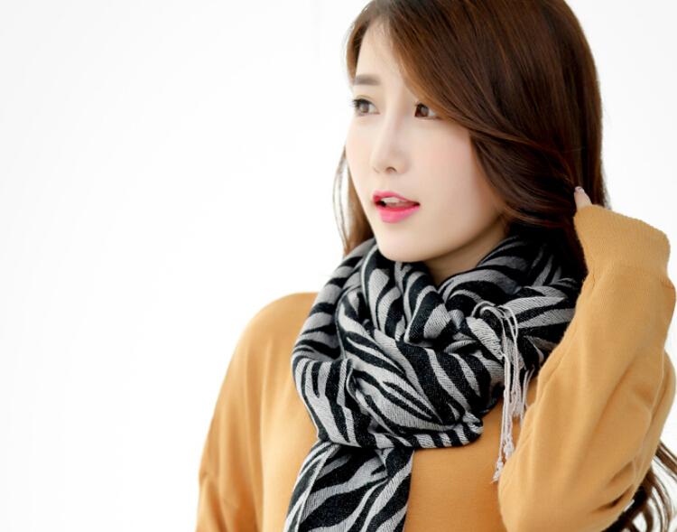 Fringed Zebra Print Scarf Scarves For Women Winter Warm Cotton Panties 190*58CM - Black
