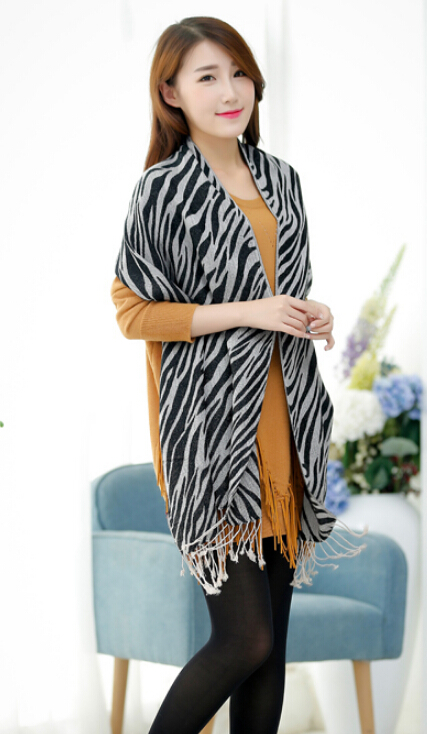 Fringed Zebra Print Scarf Scarves For Women Winter Warm Cotton Panties 190*58CM - Black