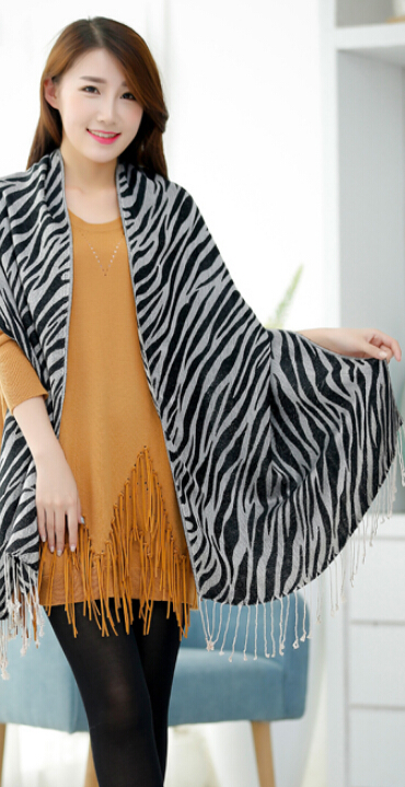 Fringed Zebra Print Scarf Scarves For Women Winter Warm Cotton Panties 190*58CM - Black