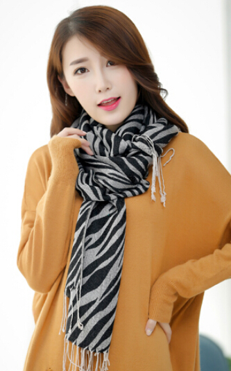 Fringed Zebra Print Scarf Scarves For Women Winter Warm Cotton Panties 190*58CM - Black