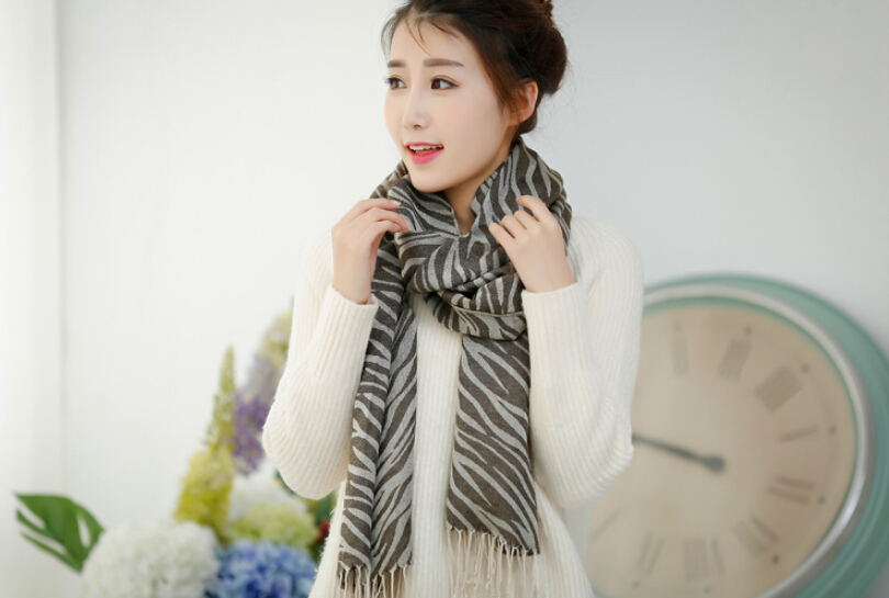 Fringed Zebra Print Scarf Scarves For Women Winter Warm Cotton Panties 190*58CM - Brown