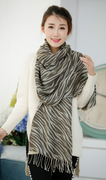 Fringed Zebra Print Scarf Scarves For Women Winter Warm Cotton Panties 190*58CM - Brown