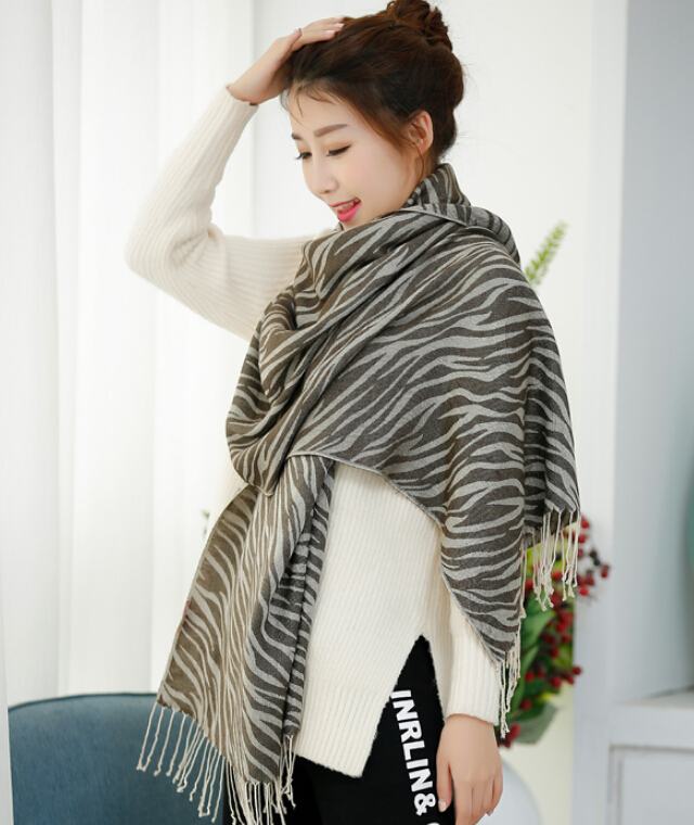 Fringed Zebra Print Scarf Scarves For Women Winter Warm Cotton Panties 190*58CM - Brown