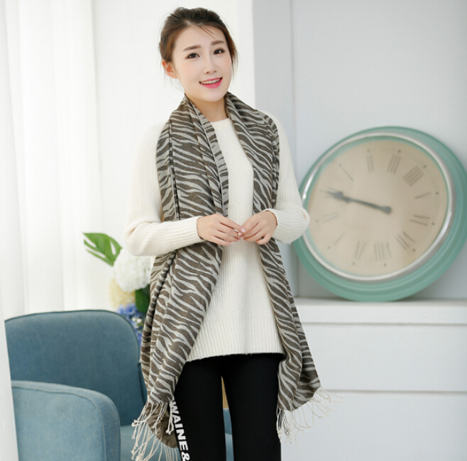 Fringed Zebra Print Scarf Scarves For Women Winter Warm Cotton Panties 190*58CM - Brown