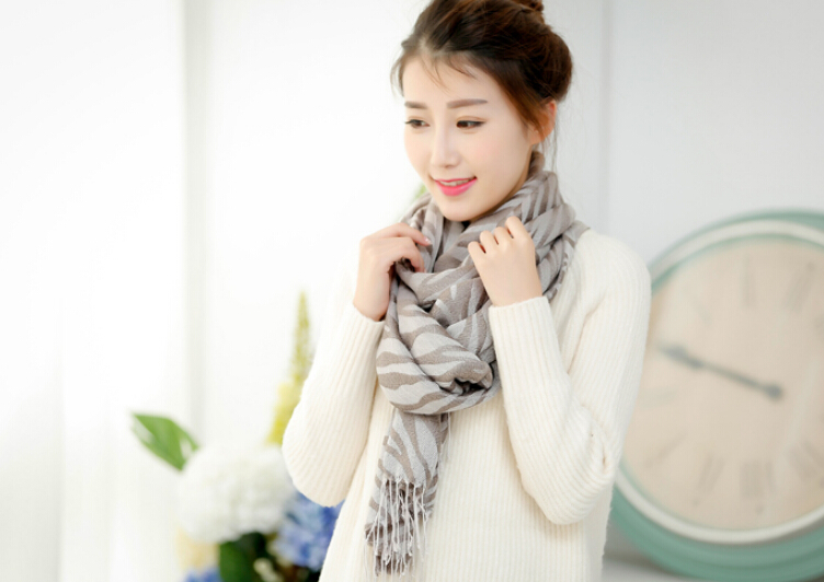 Fringed Zebra Print Scarf Scarves For Women Winter Warm Cotton Panties 190*58CM - Grey
