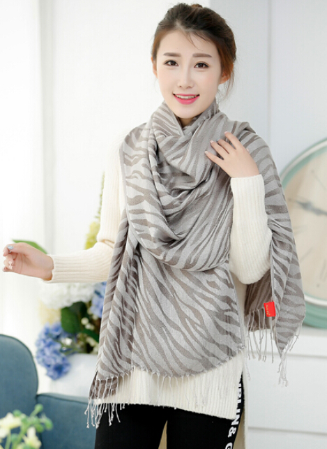 Fringed Zebra Print Scarf Scarves For Women Winter Warm Cotton Panties 190*58CM - Grey
