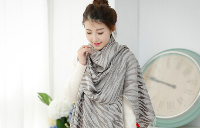 Fringed Zebra Print Scarf Scarves For Women Winter Warm Cotton Panties 190*58CM - Grey