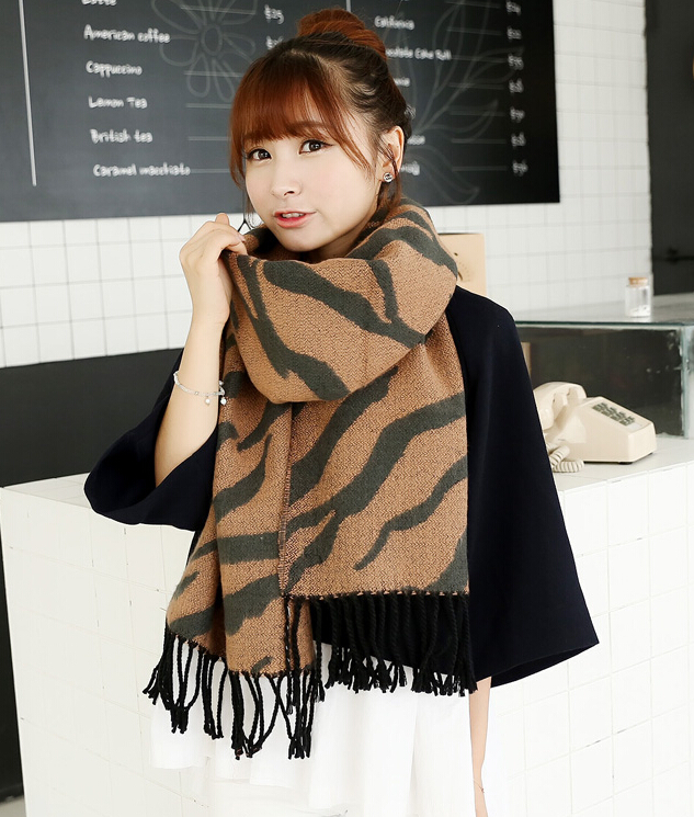 Fringed Zebra Print Scarves Wrap Women Winter Warm Cashmere 230*175CM - Brown