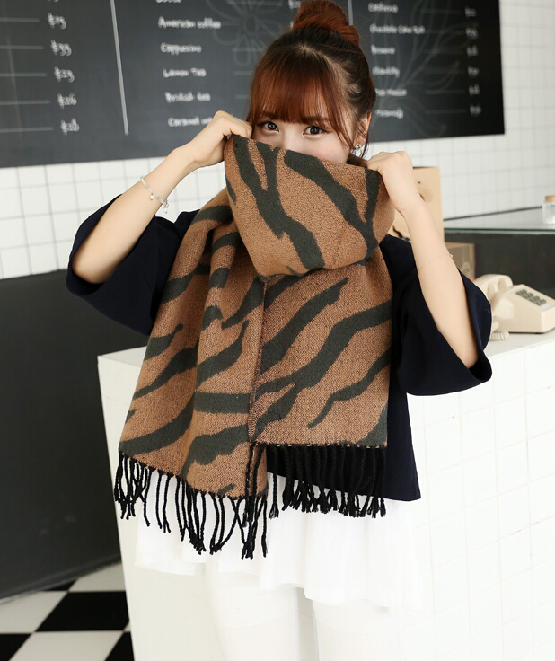 Fringed Zebra Print Scarves Wrap Women Winter Warm Cashmere 230*175CM - Brown