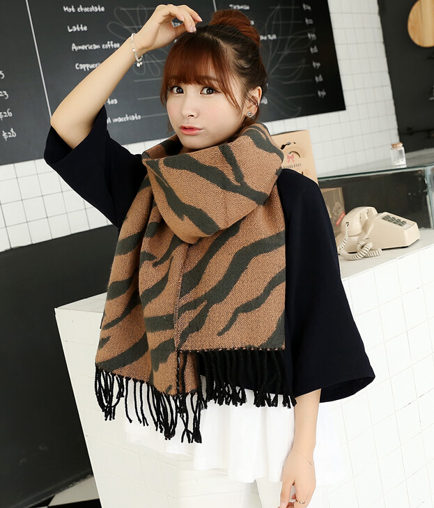 Fringed Zebra Print Scarves Wrap Women Winter Warm Cashmere 230*175CM - Brown