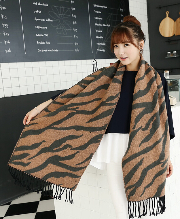 Fringed Zebra Print Scarves Wrap Women Winter Warm Cashmere 230*175CM - Brown