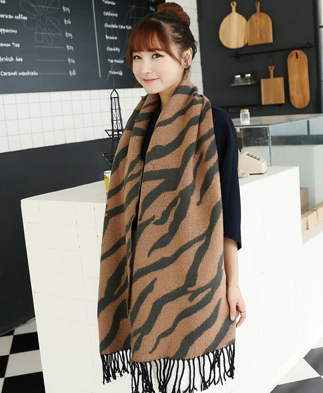 Fringed Zebra Print Scarves Wrap Women Winter Warm Cashmere 230*175CM - Brown