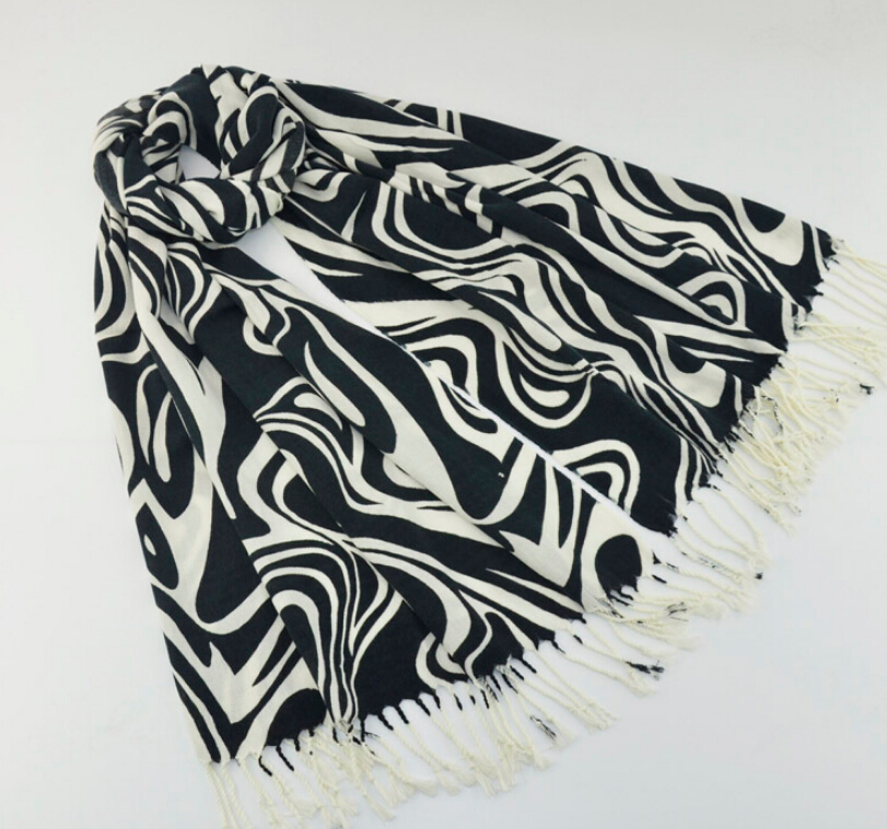 Fringed Zebra Print Scarves Wrap Women Winter Warm Cotton Panties 200*70CM - Black
