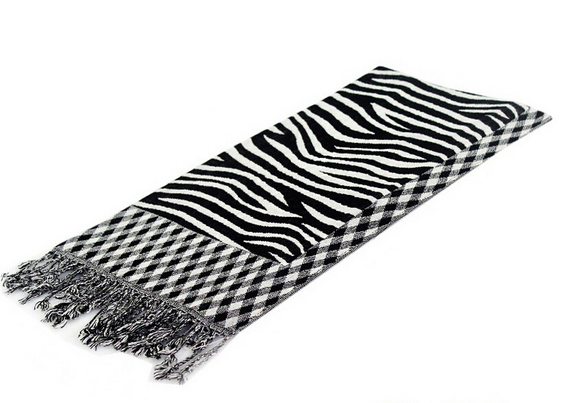 Fringed Zebra Print Women Scarf Bamboo Fiber Warm Scarves Wraps 180*45CM - Black