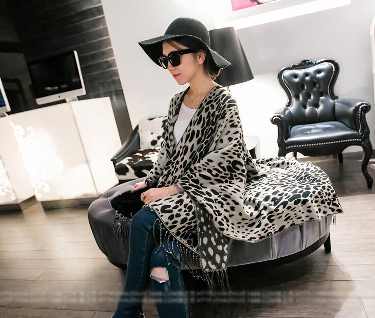 Leopard Print Scarves Wrap Women Winter Warm Cashmere Panties 200*120CM - Black