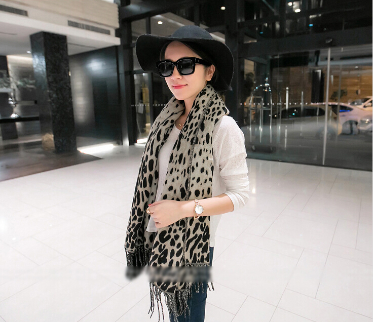 Leopard Print Scarves Wrap Women Winter Warm Cashmere Panties 200*120CM - Black