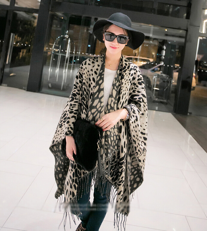 Leopard Print Scarves Wrap Women Winter Warm Cashmere Panties 200*120CM - Black