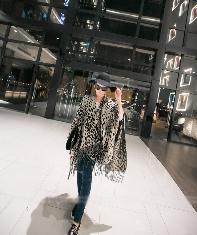 Leopard Print Scarves Wrap Women Winter Warm Cashmere Panties 200*120CM - Black
