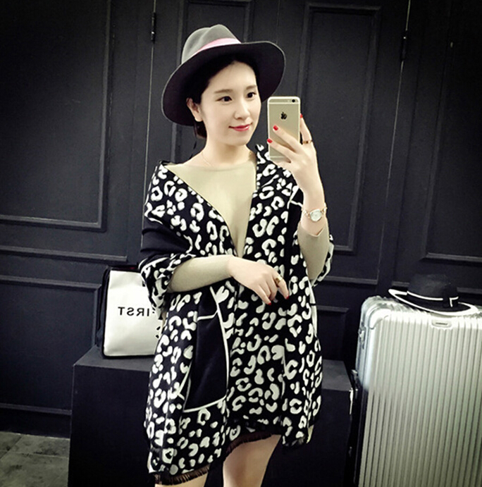 Plaid Leopard Print Scarves Wrap Women Winter Warm Cashmere Panties 190*65CM - Black