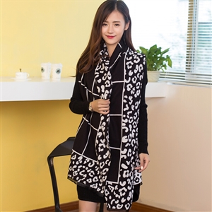 Plaid Leopard Print Scarves Wrap Women Winter Warm Cashmere Panties 190*65CM - Black