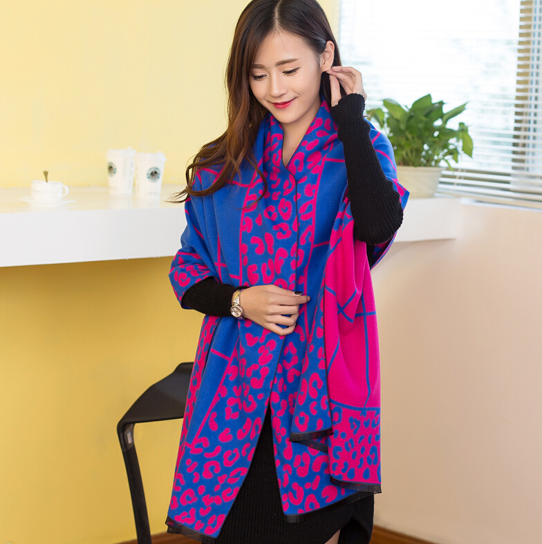 Plaid Leopard Print Scarves Wrap Women Winter Warm Cashmere Panties 190*65CM - Blue