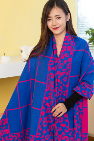 Plaid Leopard Print Scarves Wrap Women Winter Warm Cashmere Panties 190*65CM - Blue