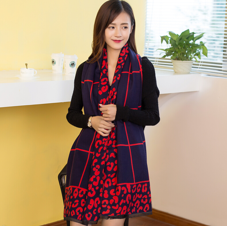 Plaid Leopard Print Scarves Wrap Women Winter Warm Cashmere Panties 190*65CM - Navy