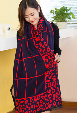 Plaid Leopard Print Scarves Wrap Women Winter Warm Cashmere Panties 190*65CM - Navy