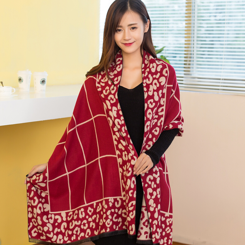Plaid Leopard Print Scarves Wrap Women Winter Warm Cashmere Panties 190*65CM - Red