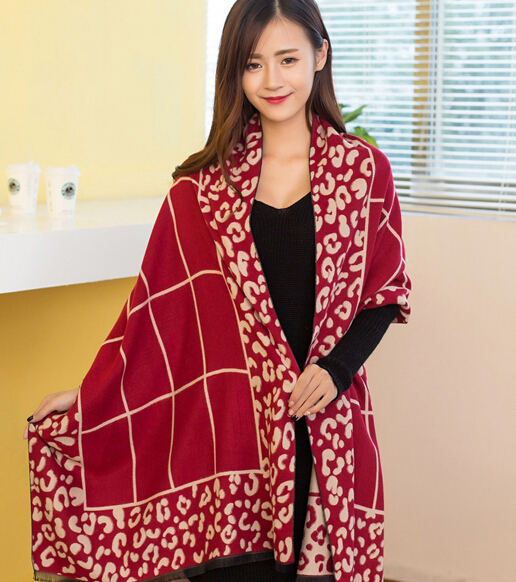 Plaid Leopard Print Scarves Wrap Women Winter Warm Cashmere Panties 190*65CM - Red