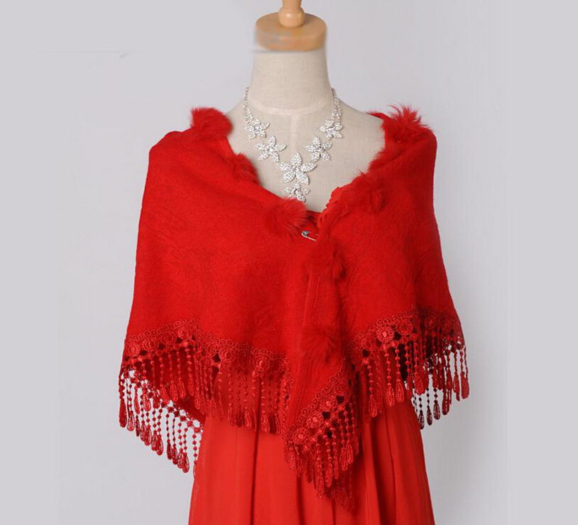 Pretty Bridal Fringed Cashmere Scarf Shawls Women Winter Warm Solid Panties 150*68CM - Red