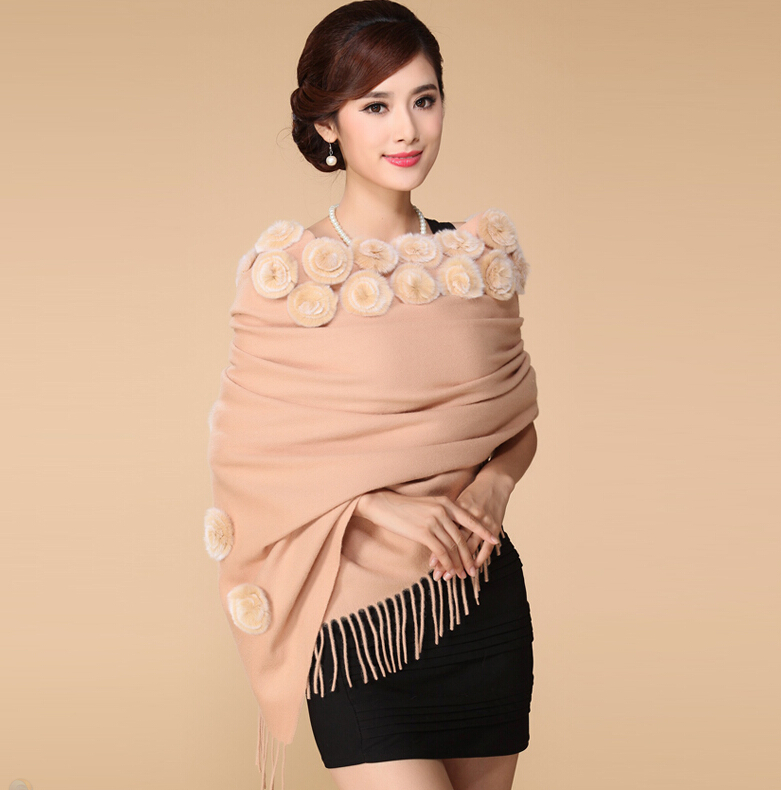 Pretty Bridal Fringed Floral Wool Scarf Shawls Women Winter Warm Solid Panties 200*70CM - Camel