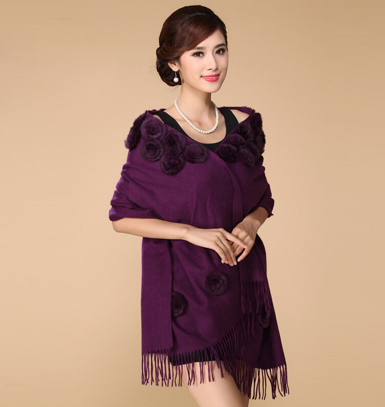 Pretty Bridal Fringed Floral Wool Scarf Shawls Women Winter Warm Solid Panties 200*70CM - Purple