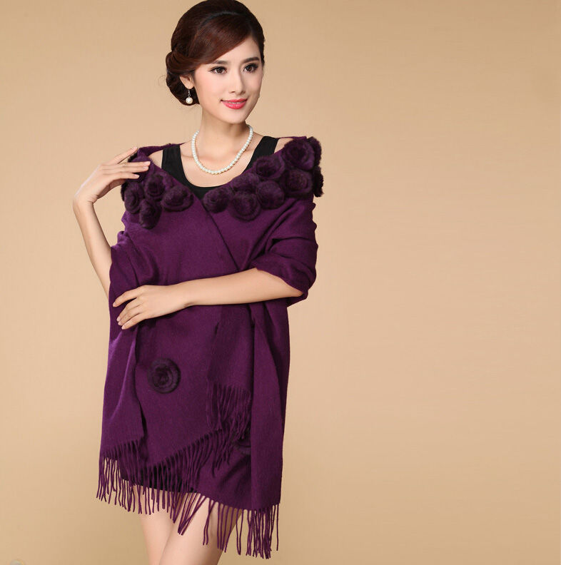 Pretty Bridal Fringed Floral Wool Scarf Shawls Women Winter Warm Solid Panties 200*70CM - Purple