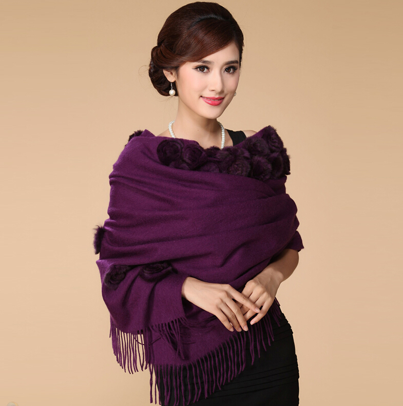 Pretty Bridal Fringed Floral Wool Scarf Shawls Women Winter Warm Solid Panties 200*70CM - Purple