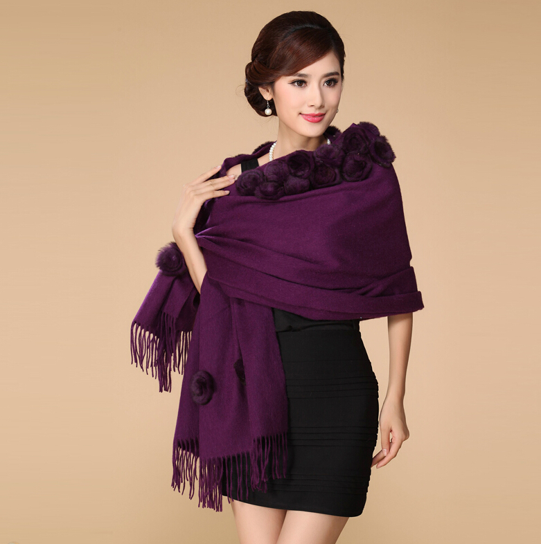 Pretty Bridal Fringed Floral Wool Scarf Shawls Women Winter Warm Solid Panties 200*70CM - Purple