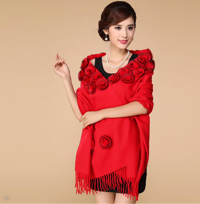 Pretty Bridal Fringed Floral Wool Scarf Shawls Women Winter Warm Solid Panties 200*70CM - Red