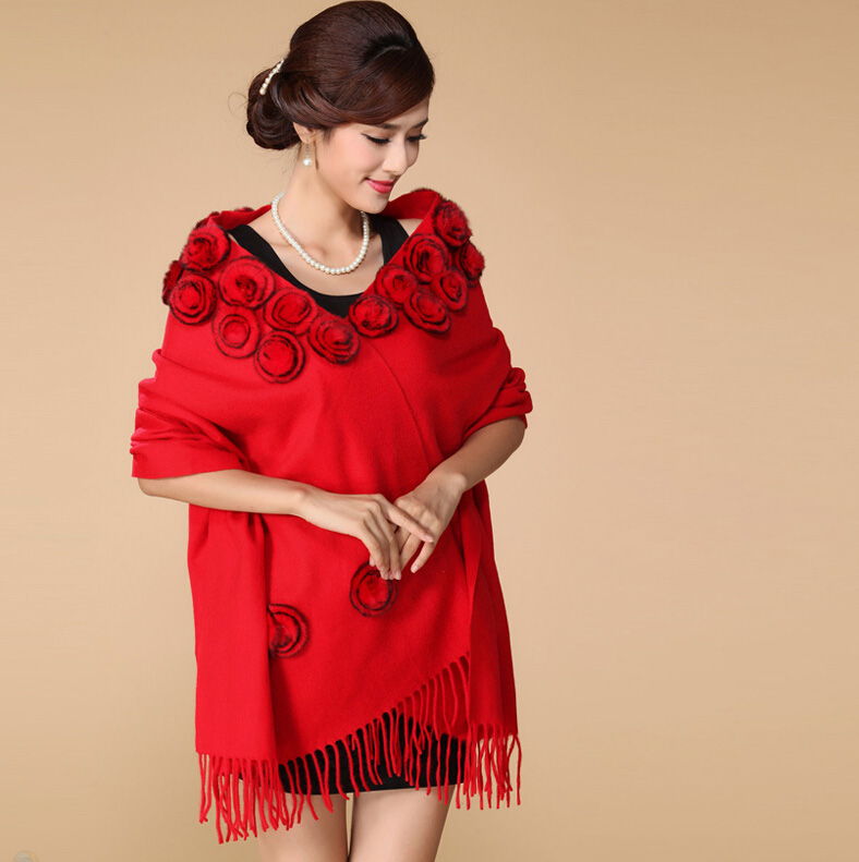 Pretty Bridal Fringed Floral Wool Scarf Shawls Women Winter Warm Solid Panties 200*70CM - Red