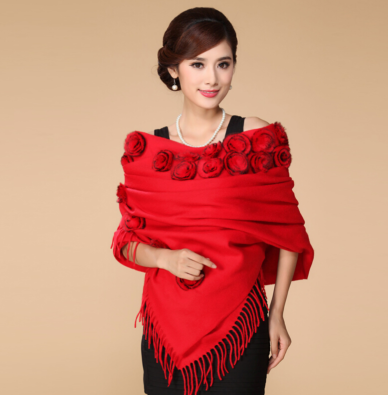 Pretty Bridal Fringed Floral Wool Scarf Shawls Women Winter Warm Solid Panties 200*70CM - Red