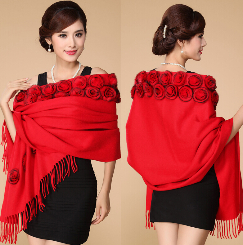 Pretty Bridal Fringed Floral Wool Scarf Shawls Women Winter Warm Solid Panties 200*70CM - Red