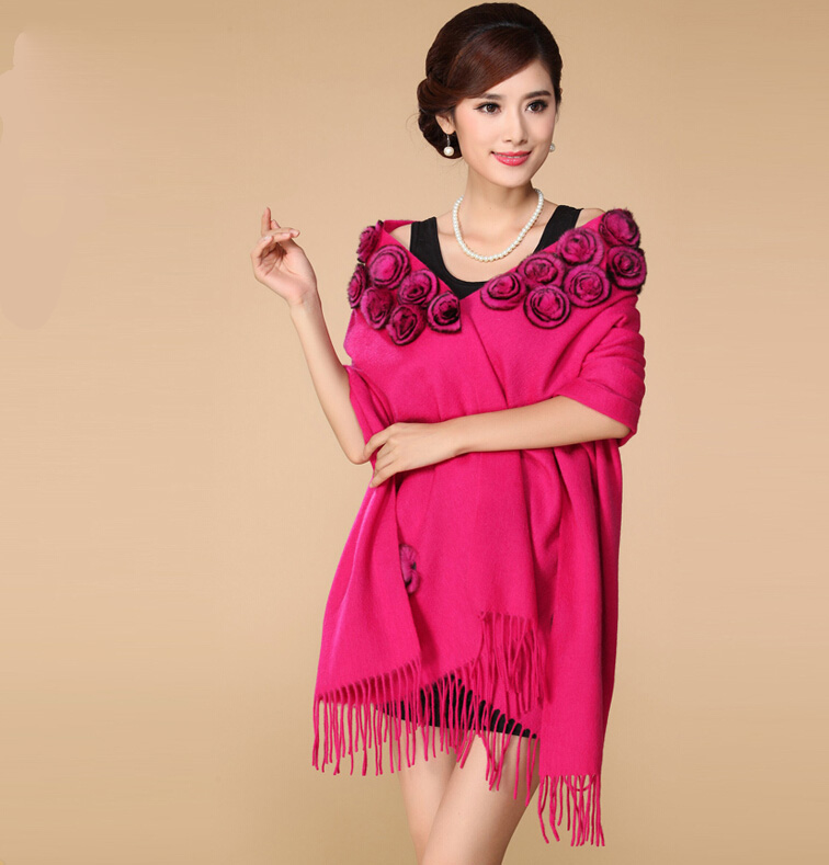 Pretty Bridal Fringed Floral Wool Scarf Shawls Women Winter Warm Solid Panties 200*70CM - Rose