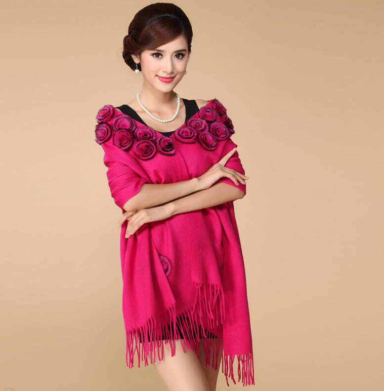 Pretty Bridal Fringed Floral Wool Scarf Shawls Women Winter Warm Solid Panties 200*70CM - Rose