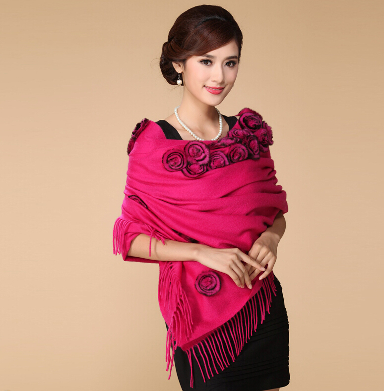 Pretty Bridal Fringed Floral Wool Scarf Shawls Women Winter Warm Solid Panties 200*70CM - Rose
