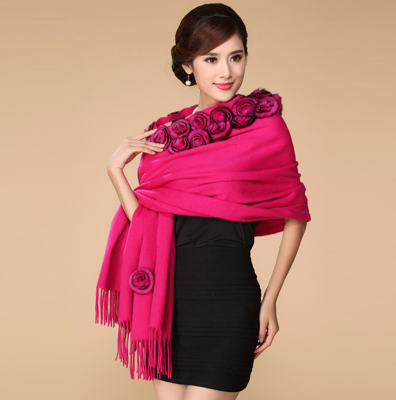 Pretty Bridal Fringed Floral Wool Scarf Shawls Women Winter Warm Solid Panties 200*70CM - Rose