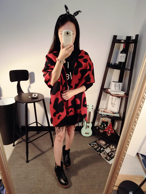 Pretty Cow Print Scarf Shawls Women Winter Warm Cashmere Panties 180*70CM - Red