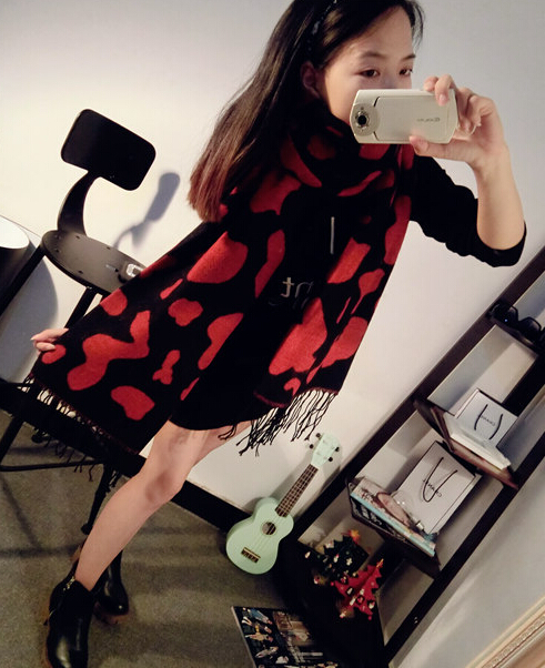 Pretty Cow Print Scarf Shawls Women Winter Warm Cashmere Panties 180*70CM - Red