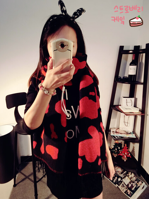 Pretty Cow Print Scarf Shawls Women Winter Warm Cashmere Panties 180*70CM - Red